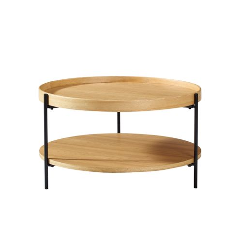 Table Basse Rond, Bout De Canapé 2 Niveaux 69 Cm, Bois Naturel Et Métal Noir, Salon