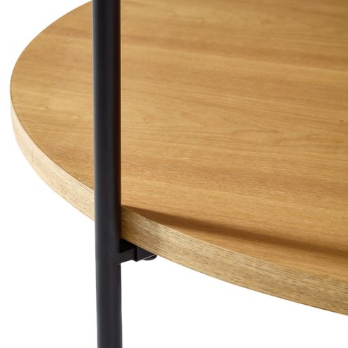 Table Basse Rond, Bout De Canapé 2 Niveaux 69 Cm, Bois Naturel Et Métal Noir, Salon