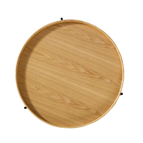 Table Basse Rond, Bout De Canapé 2 Niveaux 69 Cm, Bois Naturel Et Métal Noir, Salon