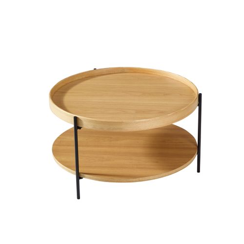 Table Basse Rond, Bout De Canapé 2 Niveaux 69 Cm, Bois Naturel Et Métal Noir, Salon