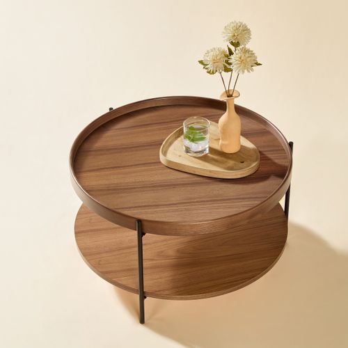 Table Basse Rond 69 Cm, Bout De Canapé Bois Noyer Et Pieds En Métal, Salon