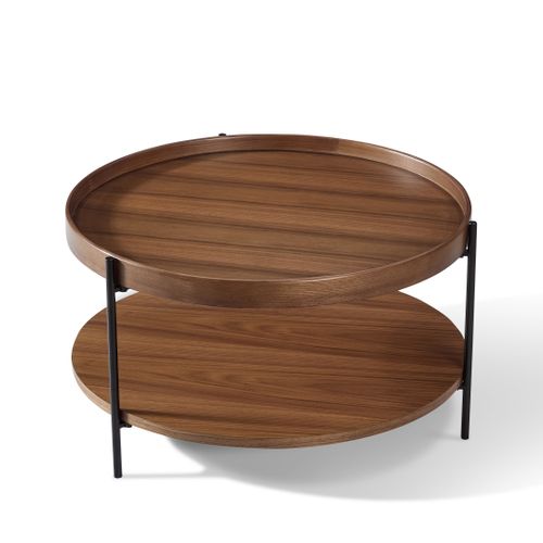 Table Basse Rond 69 Cm, Bout De Canapé Bois Noyer Et Pieds En Métal, Salon