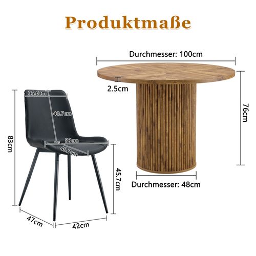 Ensemble Table à Manger Ronde 100 Cm Bois Et 4 Chaises Noir En Pu Et Métal