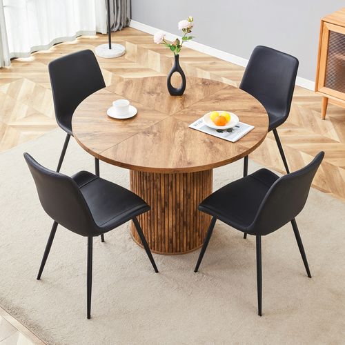 Ensemble Table à Manger Ronde 100 Cm Bois Et 4 Chaises Noir En Pu Et Métal