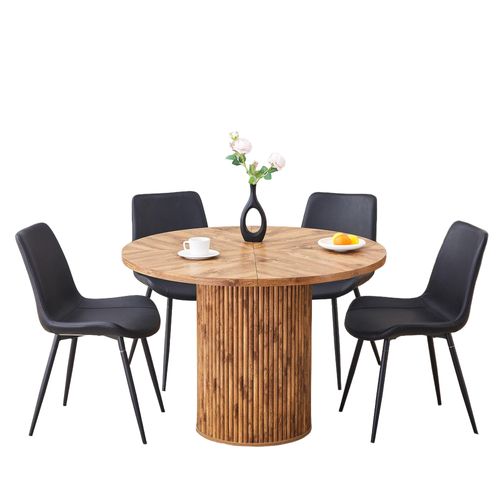 Ensemble Table à Manger Ronde 100 Cm Bois Et 4 Chaises Noir En Pu Et Métal