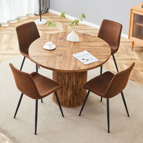 Ensemble Table à Manger Ronde 100 Cm En Bois Avec 4 Chaises Tissu Marron Métal Noir