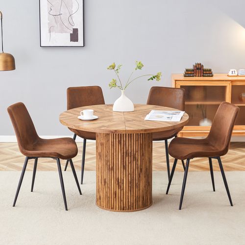 Ensemble Table à Manger Ronde 100 Cm En Bois Avec 4 Chaises Tissu Marron Métal Noir
