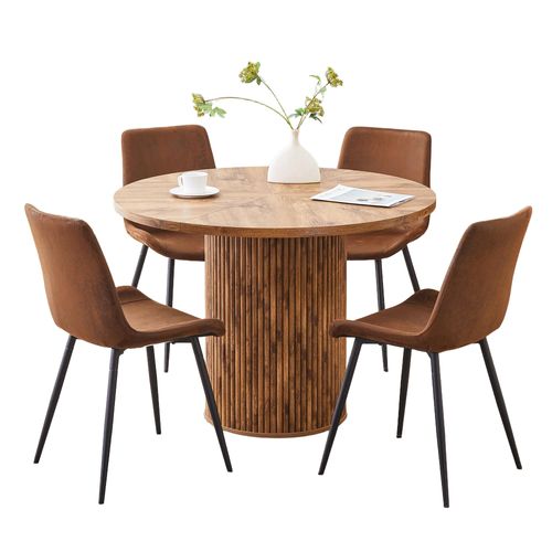 Ensemble Table à Manger Ronde 100 Cm En Bois Avec 4 Chaises Tissu Marron Métal Noir