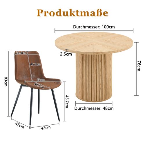 Ensemble Table à Manger Ronde 100 Cm En Bois Avec 4 Chaises Tissu Brun Et Métal Noir