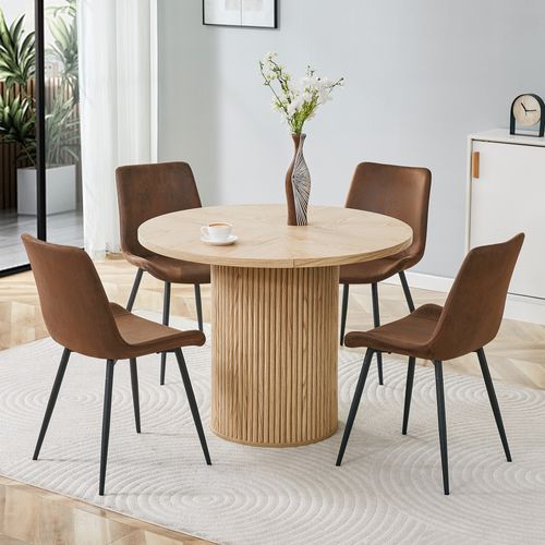 Ensemble Table à Manger Ronde 100 Cm En Bois Avec 4 Chaises Tissu Brun Et Métal Noir