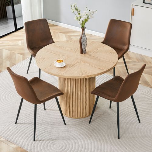 Ensemble Table à Manger Ronde 100 Cm En Bois Avec 4 Chaises Tissu Brun Et Métal Noir