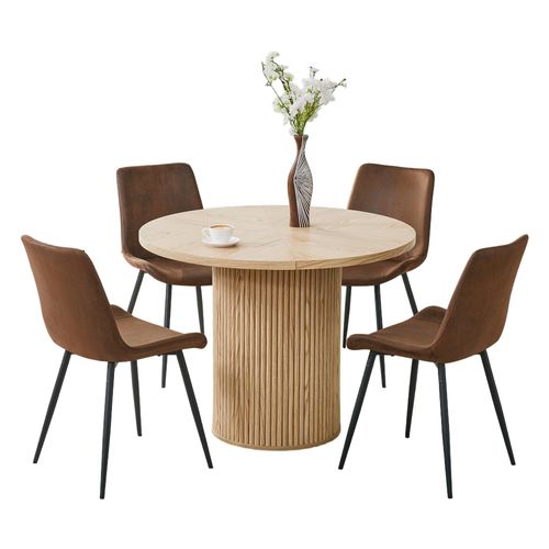 Ensemble Table à Manger Ronde 100 Cm En Bois Avec 4 Chaises Tissu Brun Et Métal Noir