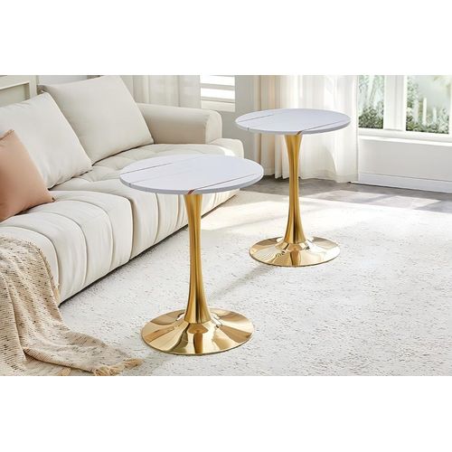 Bout De Canapé Ronde Salon, Table D'appoint 60 Cm, Petite Table Plateau Blanc, Pied Métal Doré