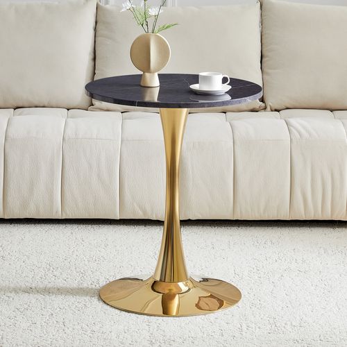 Bout De Canapé Ronde Salon, Table D'appoint 60 Cm, Plateau Noir Effet Marbre, Pied Métal Doré