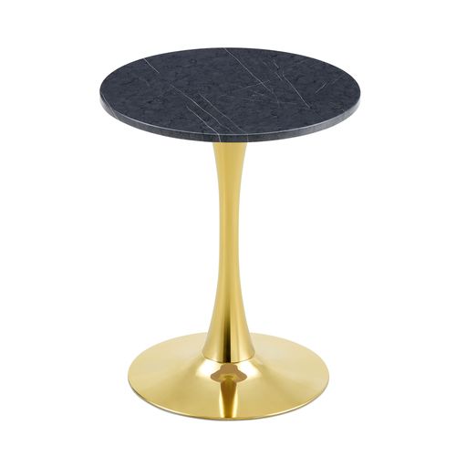 Bout De Canapé Ronde Salon, Table D'appoint 60 Cm, Plateau Noir Effet Marbre, Pied Métal Doré
