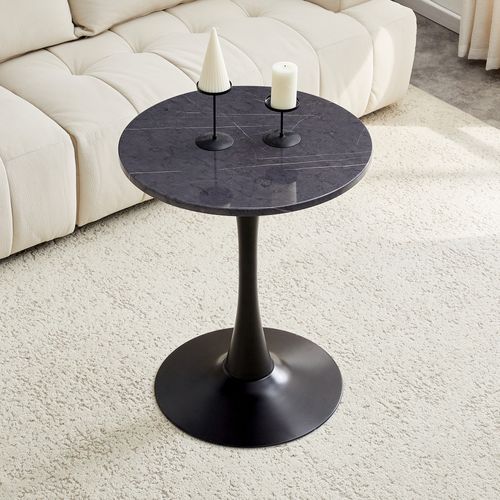 Bout De Canapé Ronde Salon, Table D'appoint 60 Cm, Plateau Noir Effet Marbre, Pied Métal Noir