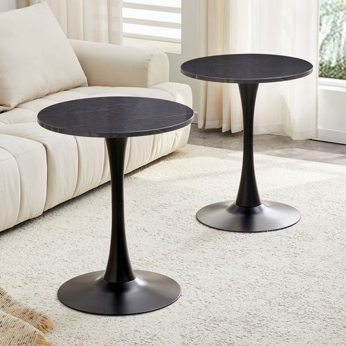 Bout De Canapé Ronde Salon, Table D'appoint 60 Cm, Plateau Noir Effet Marbre, Pied Métal Noir