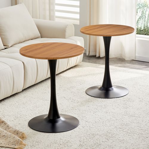 Bout De Canapé Ronde Salon, Table D'appoint 60 Cm, Petite Table Effet Bois, Pied Métal Noir