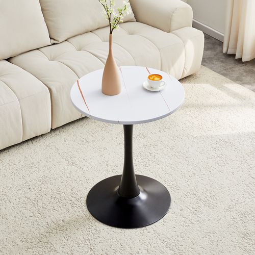 Bout De Canapé Ronde Salon, Table D'appoint 60 Cm, Petite Table Plateau Blanc, Pied Métal Noir