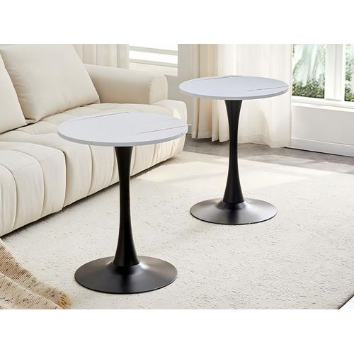 Bout De Canapé Ronde Salon, Table D'appoint 60 Cm, Petite Table Plateau Blanc, Pied Métal Noir