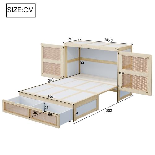 Lit Escamotable 140x200 Cm Avec Sommier à Lattes, Bois Naturel, Avec Tiroirs
