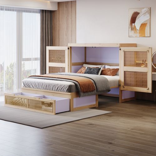 Lit Escamotable 140x200 Cm Avec Sommier à Lattes, Bois Naturel, Avec Tiroirs