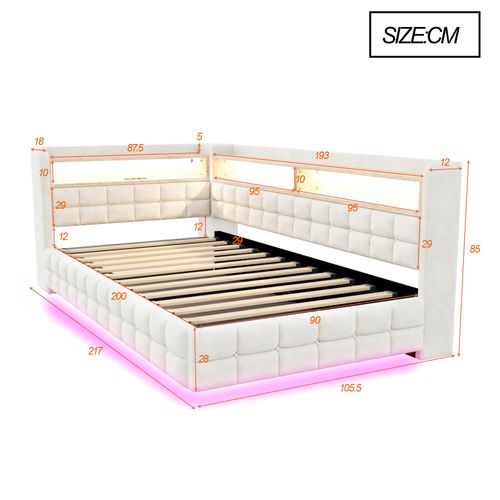 Lit Enfant LED 90x200 Cm Velours Beige Avec Coffre, Prises USB/type-c Et Rangement