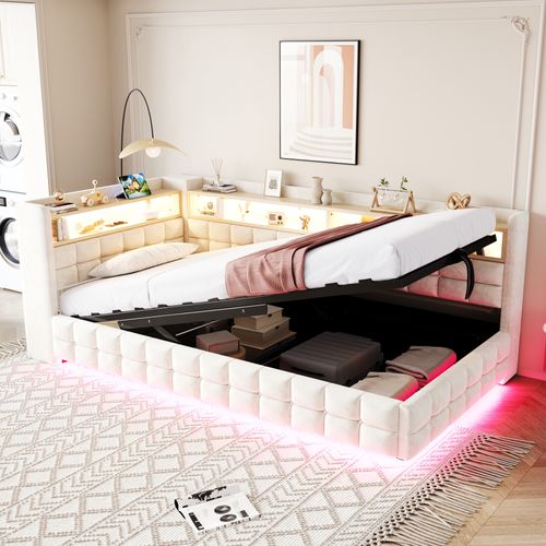 Lit Enfant LED 90x200 Cm Velours Beige Avec Coffre, Prises USB/type-c Et Rangement