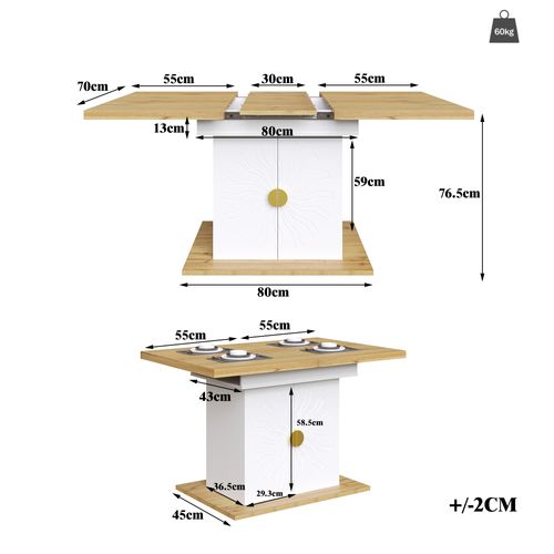Table à Manger Extensible 4–6 Personnes 110-140x70x76 Cm Blanche Avec 2 Étagères