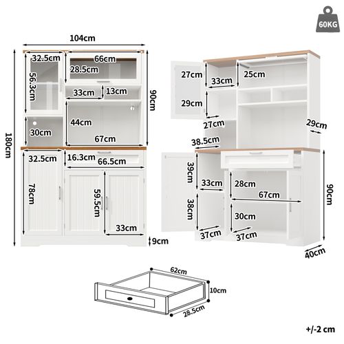 Buffet De Cuisine Haut 180 Cm Blanc Et Noir Avec 5 Portes Et Tiroir, LED USB, Rangement