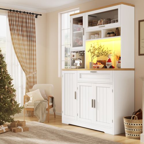 Buffet De Cuisine Haut 180 Cm Blanc Et Noir Avec 5 Portes Et Tiroir, LED USB, Rangement