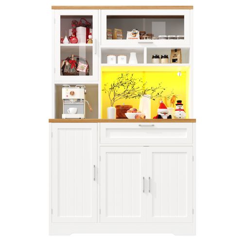 Buffet De Cuisine Haut 180 Cm Blanc Et Noir Avec 5 Portes Et Tiroir, LED USB, Rangement