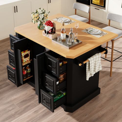 Desserte, Îlot De Cuisine Noir Rabattable, 2 Portes Et 6 Tiroirs, Plateau Effet Bois, à Roulettes