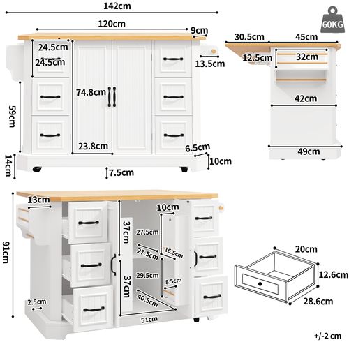 Desserte, Îlot De Cuisine Blanc Rabattable, 2 Portes Et 6 Tiroirs, Plateau Effet Bois, à Roulettes