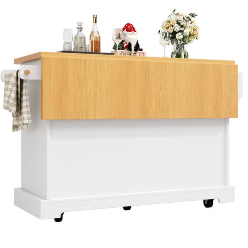 Desserte, Îlot De Cuisine Blanc Rabattable, 2 Portes Et 6 Tiroirs, Plateau Effet Bois, à Roulettes