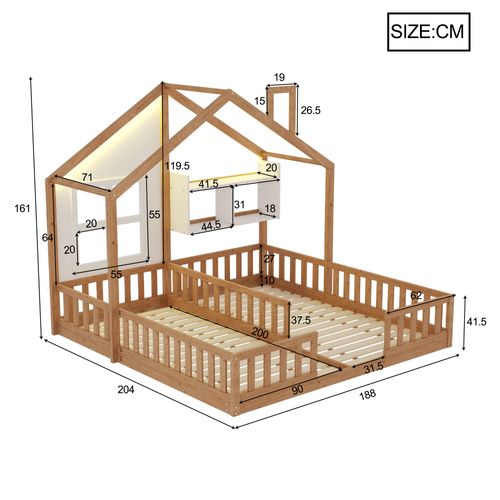 Lit Enfant Cabane Double 2x 90x200 Cm Bois Naturel Avec LED, Sommier à Lattes Et Rangement