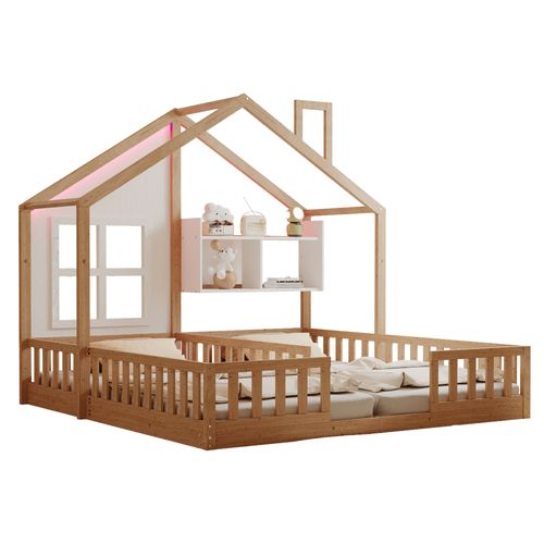 Lit Enfant Cabane Double 2x 90x200 Cm Bois Naturel Avec LED, Sommier à Lattes Et Rangement