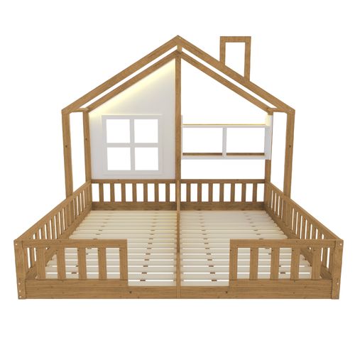 Lit Enfant Cabane Double 2x 90x200 Cm Bois Naturel Avec LED, Sommier à Lattes Et Rangement