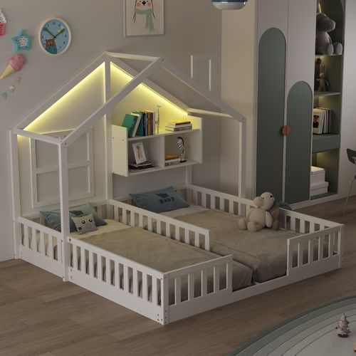 Lit Enfant Cabane 90x200 Cm 2 Couchages Avec LED, Étagères Et Sommier à Lattes, Bois Blanc
