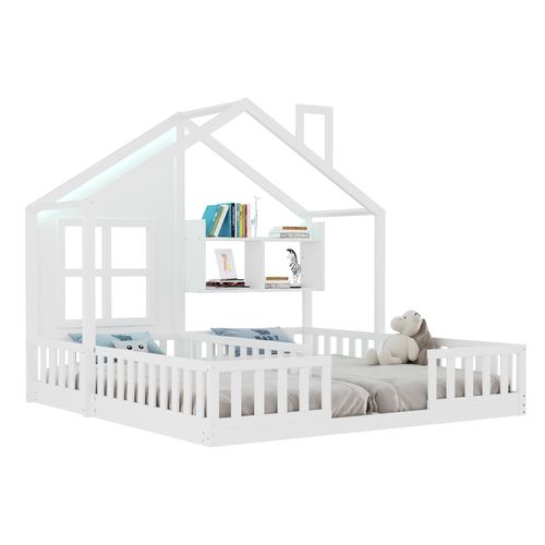 Lit Enfant Cabane 90x200 Cm 2 Couchages Avec LED, Étagères Et Sommier à Lattes, Bois Blanc