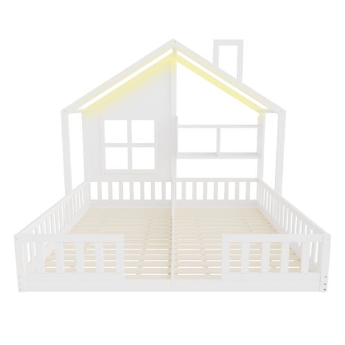 Lit Enfant Cabane 90x200 Cm 2 Couchages Avec LED, Étagères Et Sommier à Lattes, Bois Blanc