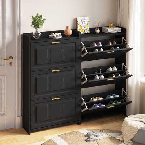 Set De 2 Meubles à Chaussures 70x24x120 Cm Noir Avec Portes Abattantes Et 6 Compartiments