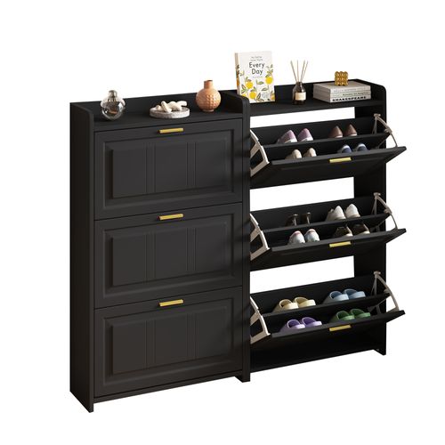 Set De 2 Meubles à Chaussures 70x24x120 Cm Noir Avec Portes Abattantes Et 6 Compartiments