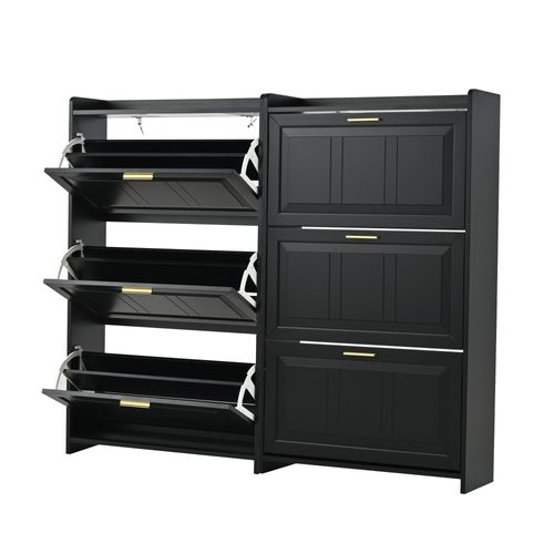 Set De 2 Meubles à Chaussures 70x24x120 Cm Noir Avec Portes Abattantes Et 6 Compartiments