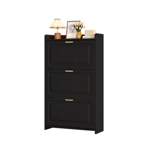 Armoire à Chaussures 70x24x120 Cm Noir Avec 6 Compartiments Et Portes Abattantes