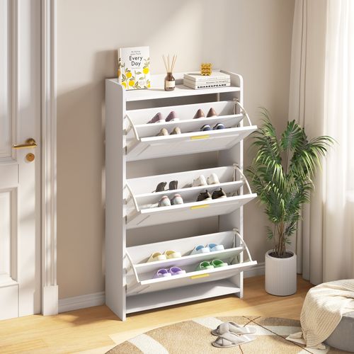 Meuble, Armoire à Chaussures 70x24x120 Cm Blanc Avec 6 Compartiments Et Portes Abattantes