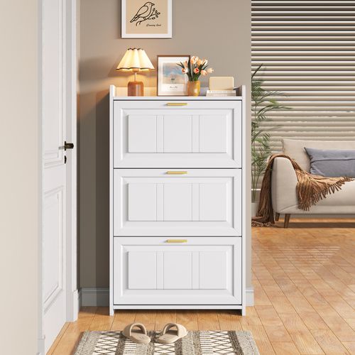 Meuble, Armoire à Chaussures 70x24x120 Cm Blanc Avec 6 Compartiments Et Portes Abattantes
