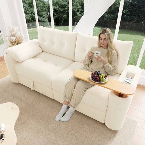 Canapé 2 Places Tissu Teddy Beige Avec Coffres De Rangements Et Table D’appoint