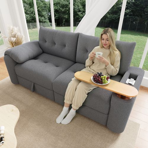 Canapé 2 Places Tissu Teddy Gris Avec Coffres De Rangements Et Table D’appoint