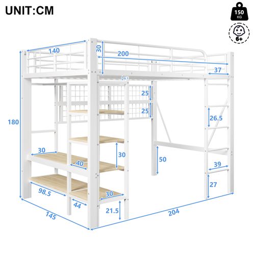 Lit Mezzanine Adulte 140x200 Cm Avec LED, Étagère Et Rangement, Penderie, Métal Blanc
